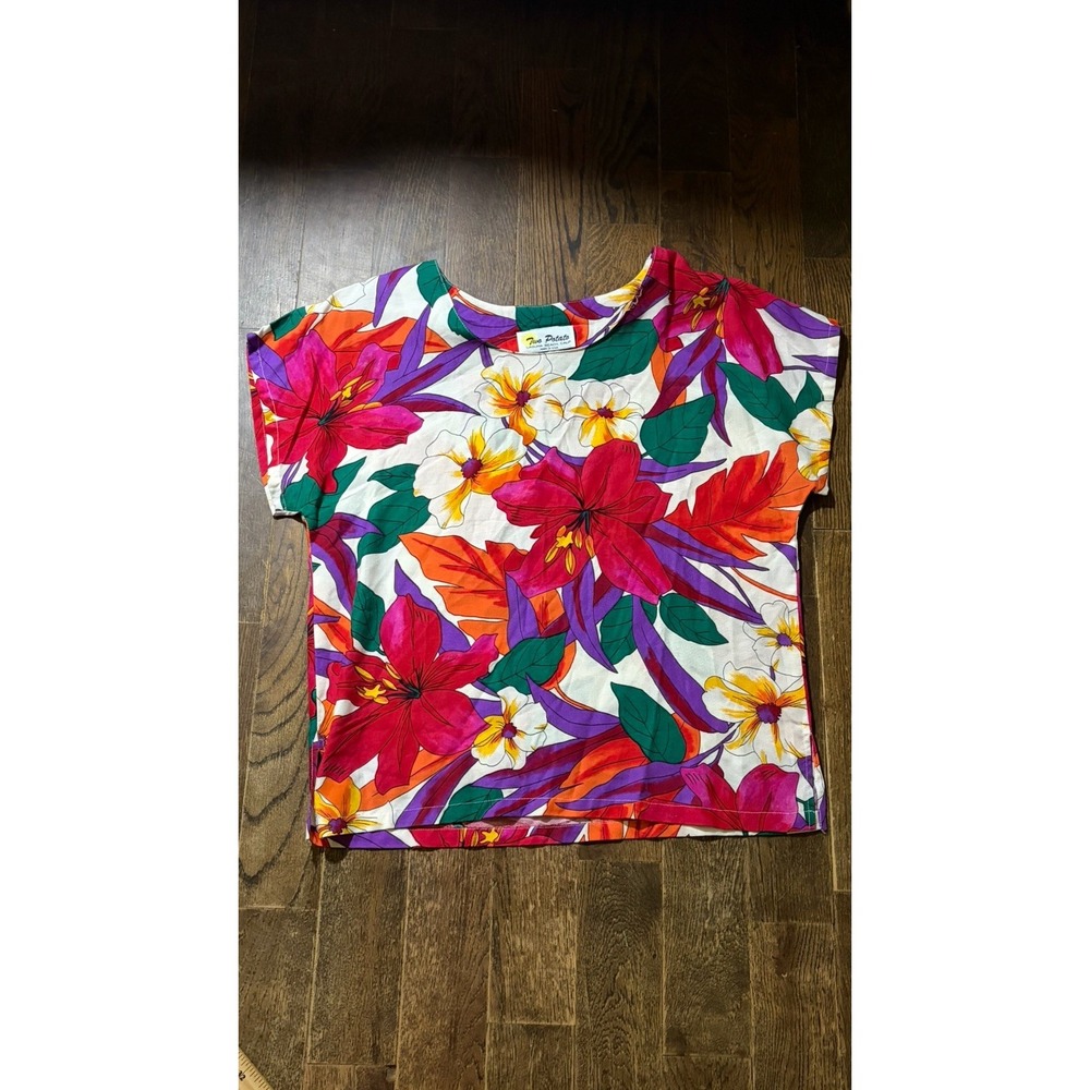 Vtg 80s Two Potato  Top Medium Laguna Beach Floral Shirt summer Bright Colorful